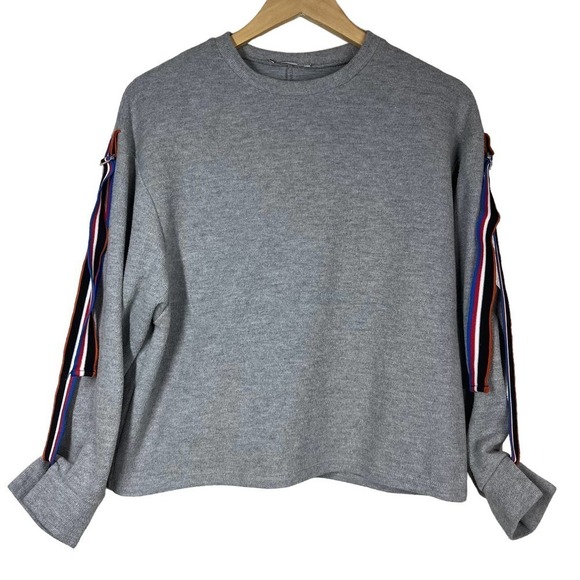 Zara Sweatshirt Striped Strap Sleeves Crewneck Gray Small - Picture 8 of 9